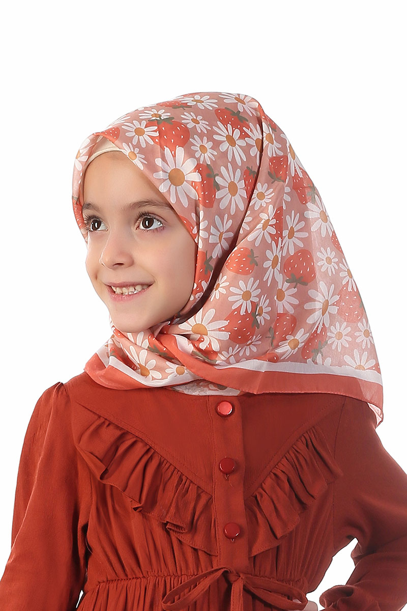 Çocuk Eşarp Papatya Çilek Desen Turuncu - Mevlana Çocuk Tesettür