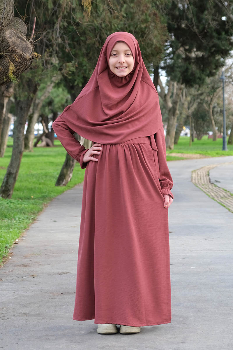 Çocuk Namaz Elbisesi Yandan Bağlamalı Nur Model Gülkurusu - 1