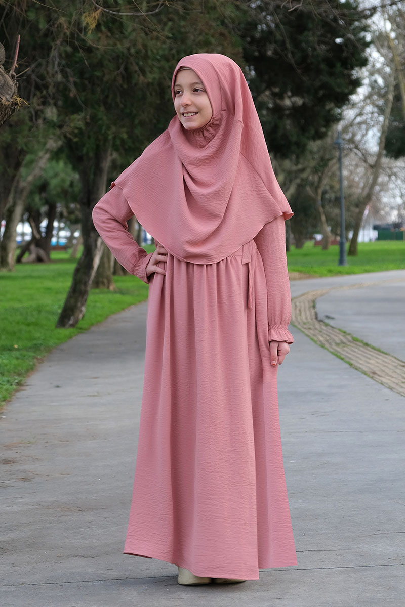 Çocuk Namaz Elbisesi Yandan Bağlamalı Nur Model Pudra - 1