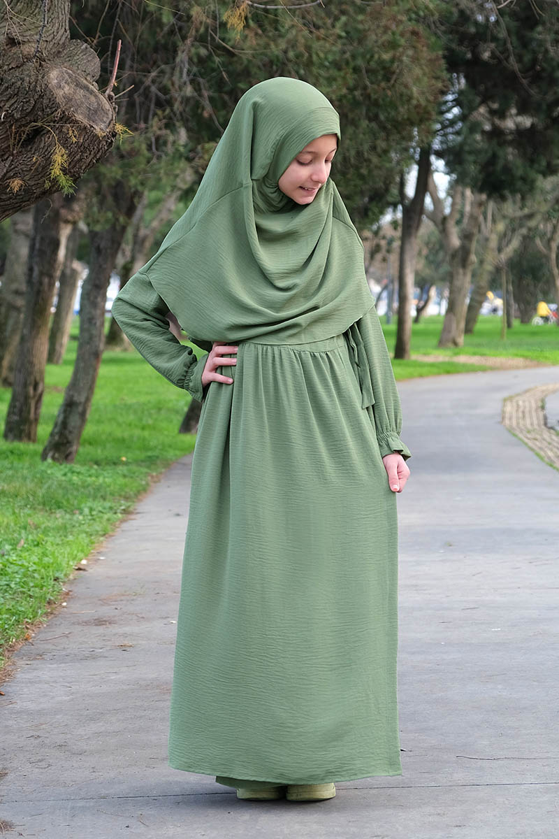 Çocuk Namaz Elbisesi Yandan Bağlamalı Nur Model Yeşil - 1