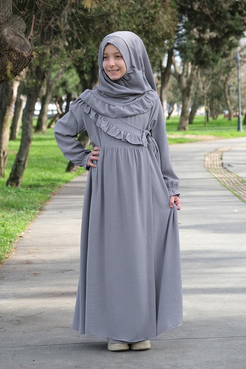 Çocuk Namaz Elbisesi Yandan Bağlamalı Nurgül Model Gri 
