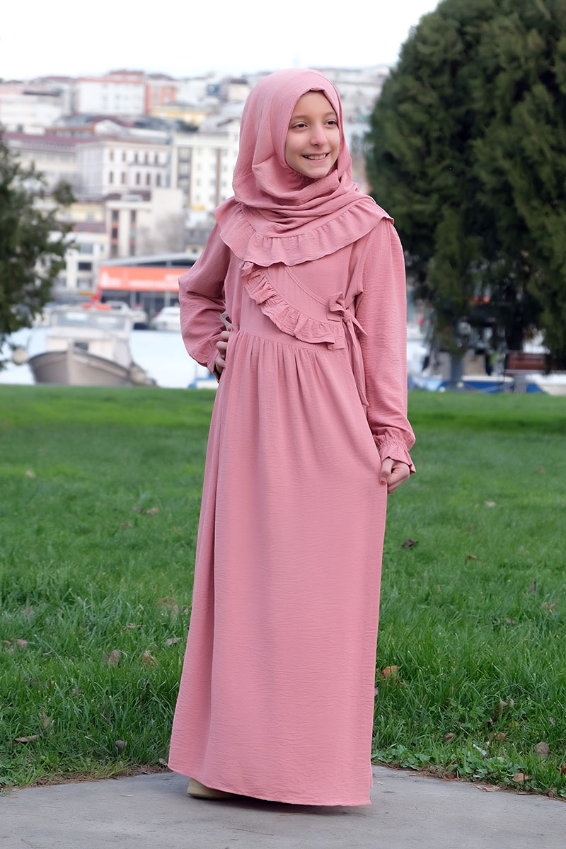 Çocuk Namaz Elbisesi Yandan Bağlamalı Nurgül Model Pudra - Mevlana Çocuk Tesettür