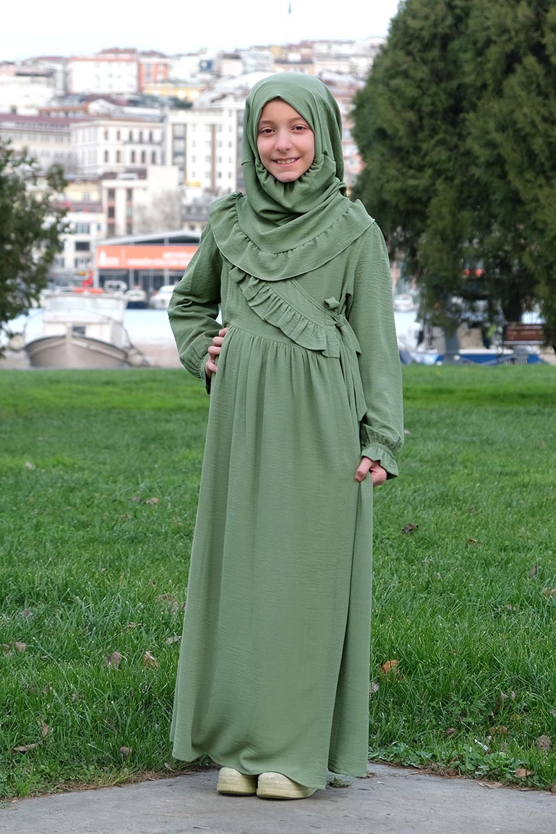 Çocuk Namaz Elbisesi Yandan Bağlamalı Nurgül Model Yeşil - 1