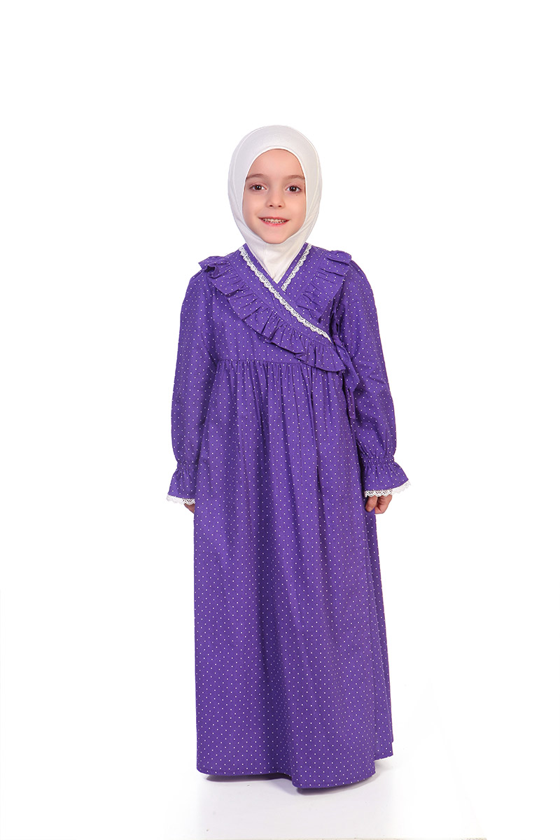 Çocuk Namaz Elbisesi Yandan Bağlamalı Puan Desen Mor - 2