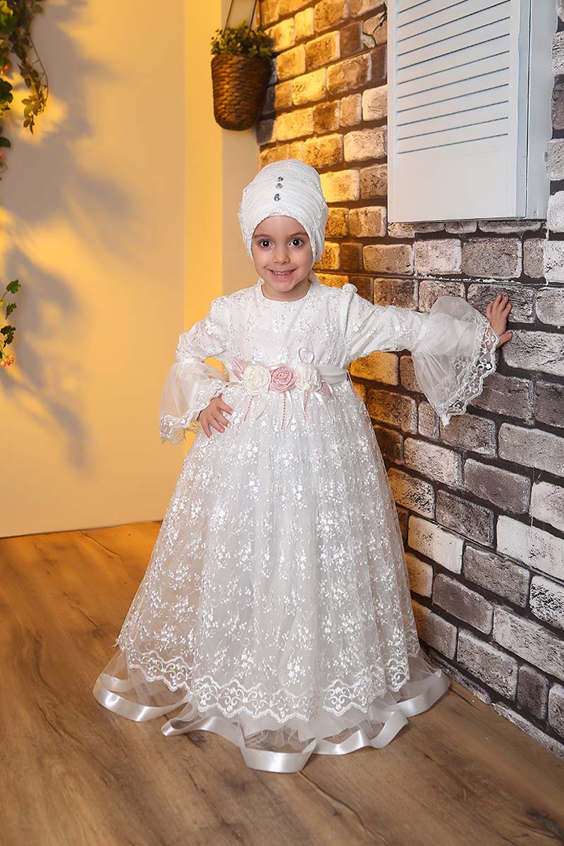 Çocuk Tesettür Abiye Ayşe Model Beyaz