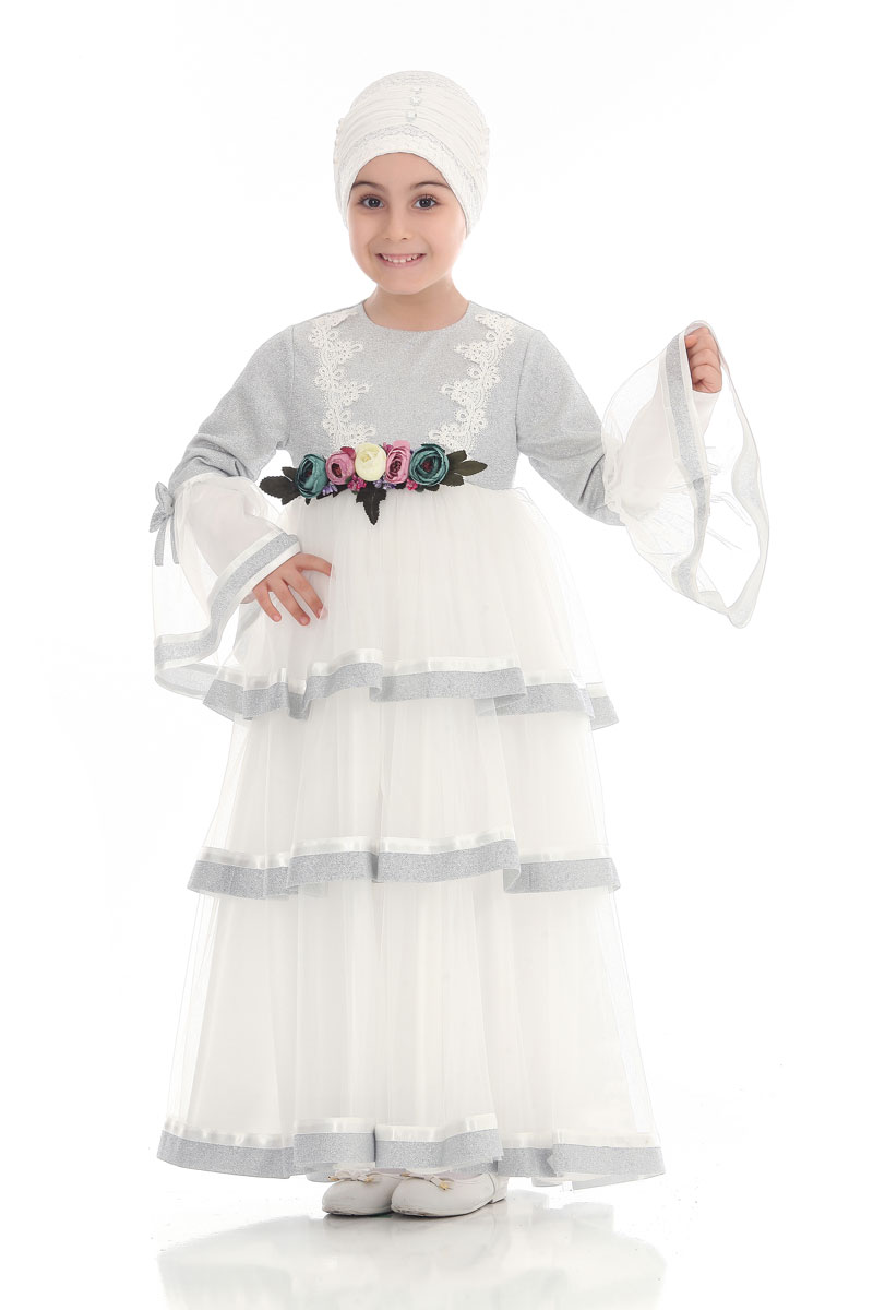 Çocuk Tesettür Abiye Çiçek Model Beyaz - 1