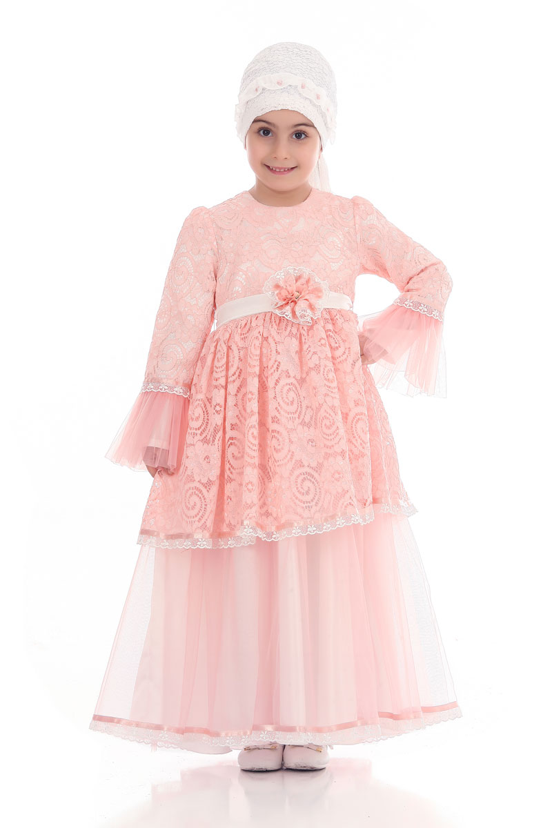 Çocuk Tesettür Abiye Petek Model Pembe