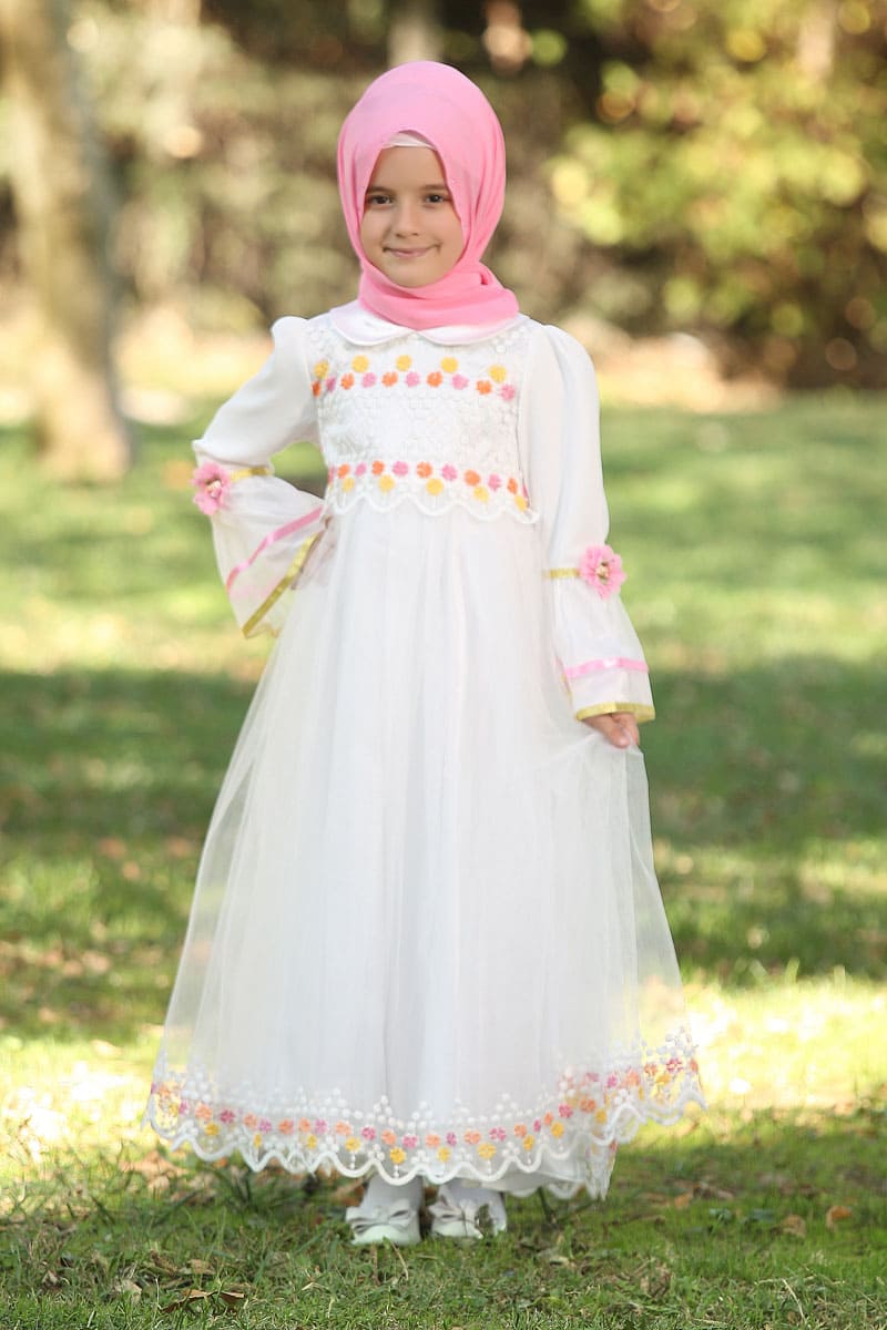Çocuk Tesettür Abiye Buse Model Beyaz - 1