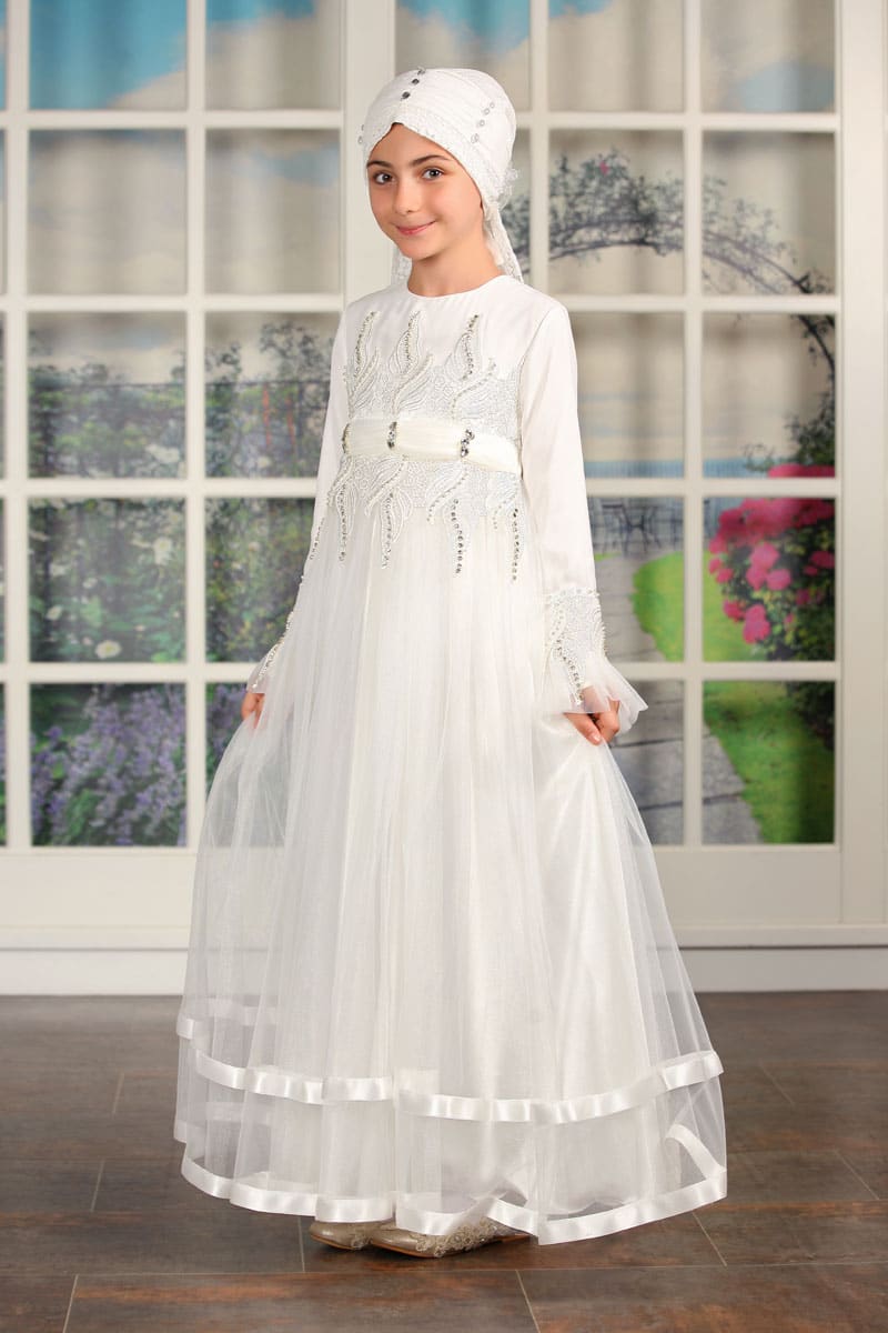 Çocuk Tesettür Abiye Taşlı Model Beyaz - 1