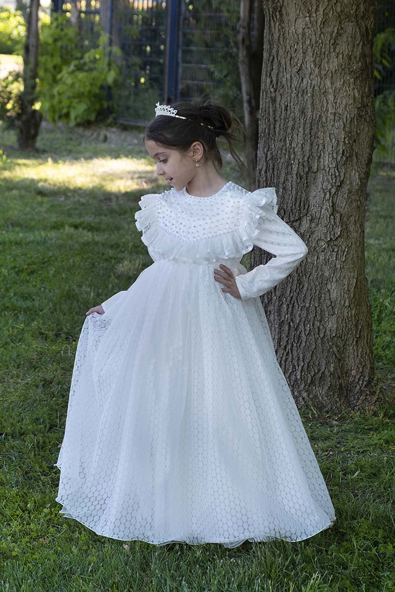 Çocuk Tesettür Abiye Güzin Model Beyaz - 1
