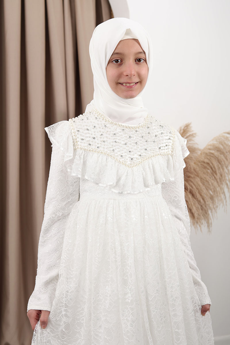 Çocuk Tesettür Abiye Güzin Model Beyaz 2 - 2