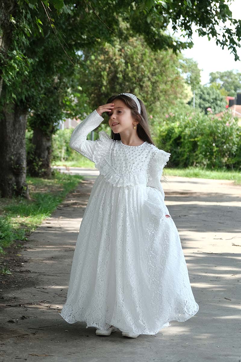 Çocuk Tesettür Abiye Güzin Model Beyaz 2 - 2