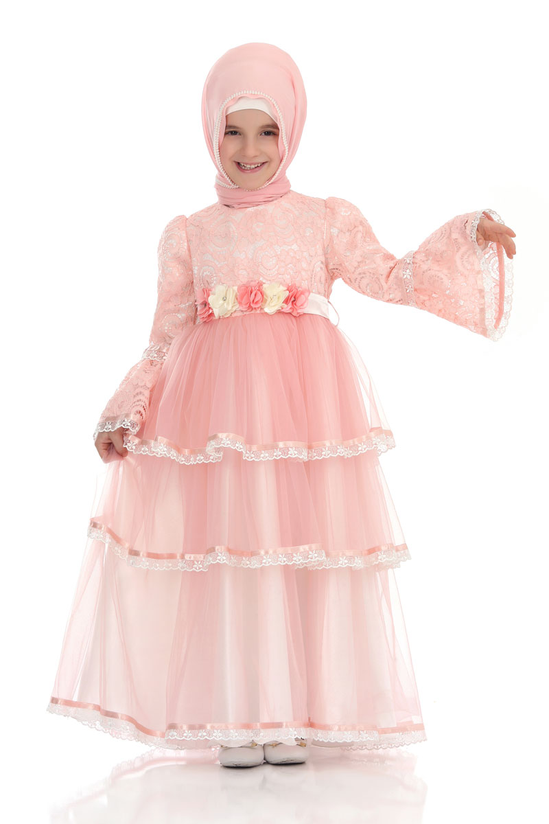 Çocuk Tesettür Abiye Nazik Model Pembe - 1