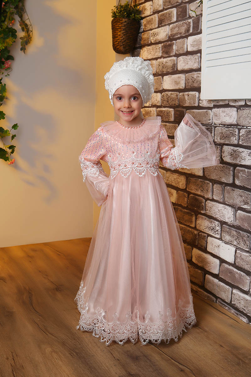 Çocuk Tesettür Abiye Kumru Model Pudra - Mevlana Çocuk Tesettür