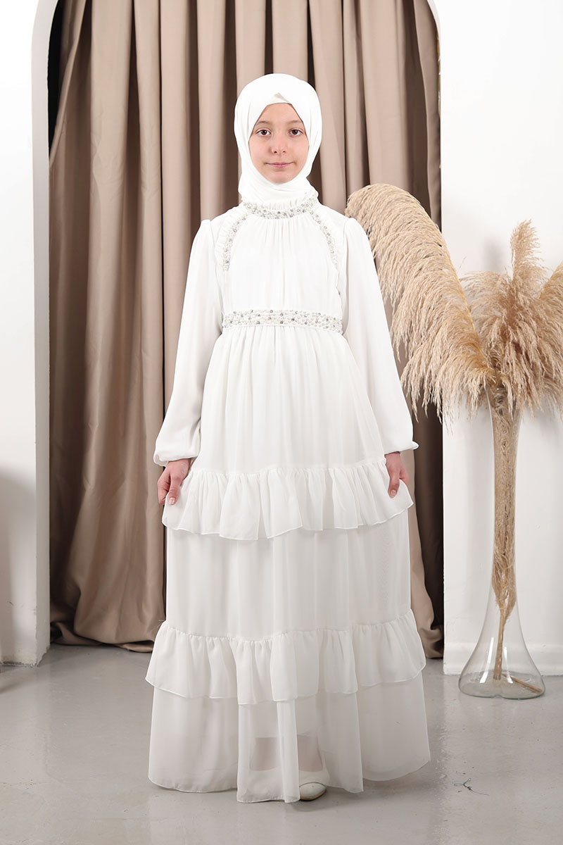 Çocuk Tesettür Abiye Sude Model Beyaz - Mevlana Çocuk Tesettür