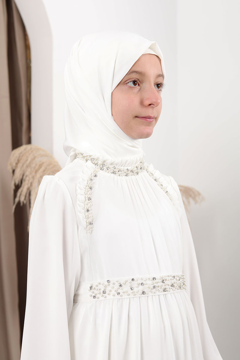 Çocuk Tesettür Abiye Sude Model Beyaz - 2