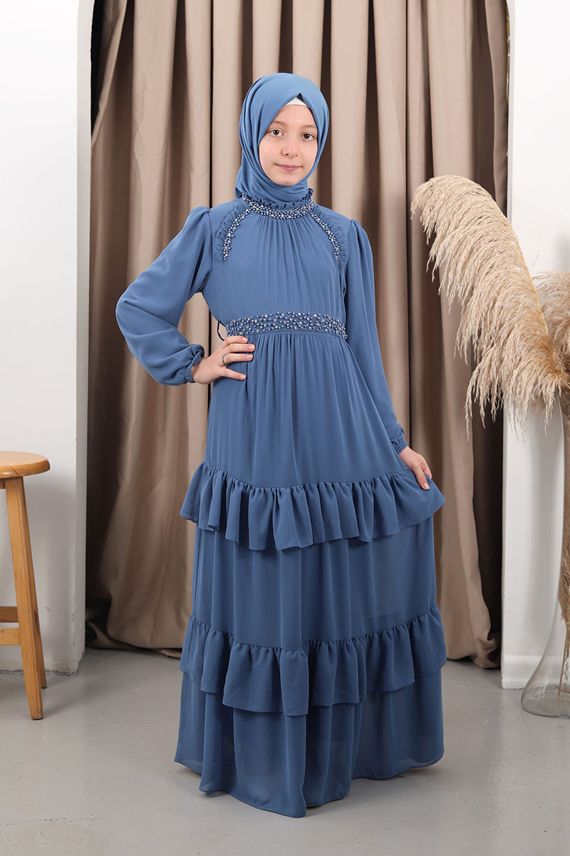 Çocuk Tesettür Abiye Sude Model Mavi - Mevlana Çocuk Tesettür