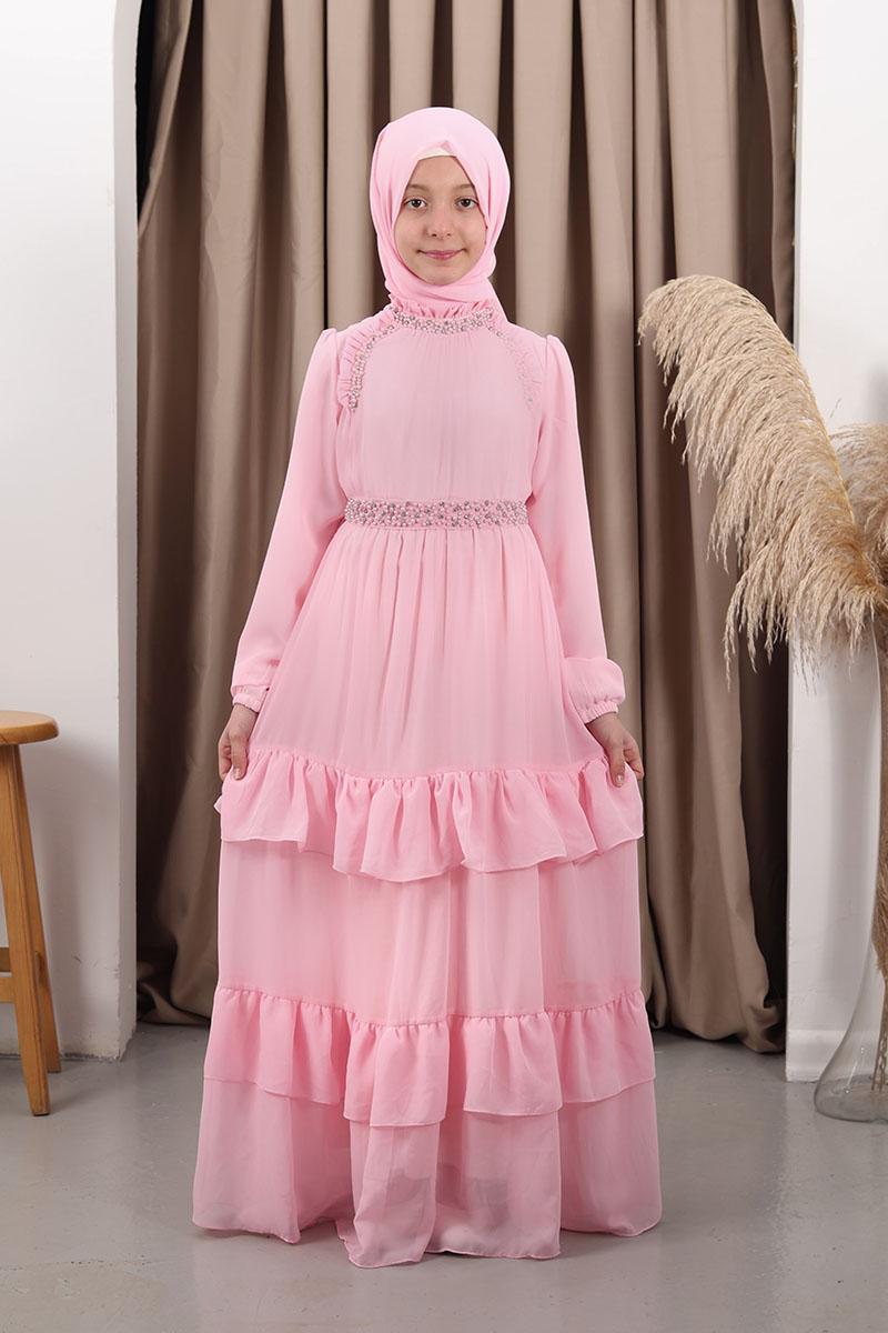 Çocuk Tesettür Abiye Sude Model Pembe - Mevlana Çocuk Tesettür