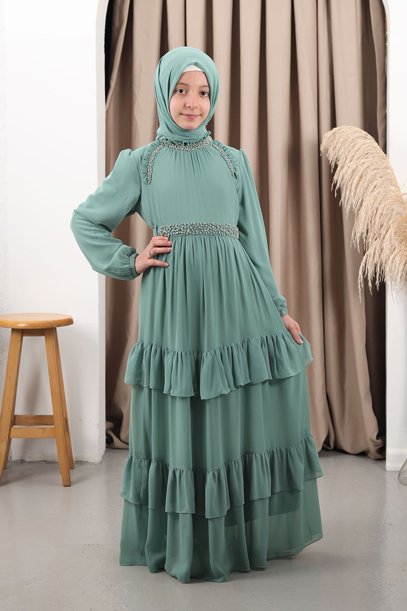 Çocuk Tesettür Abiye Sude Model Yeşil - Mevlana Çocuk Tesettür