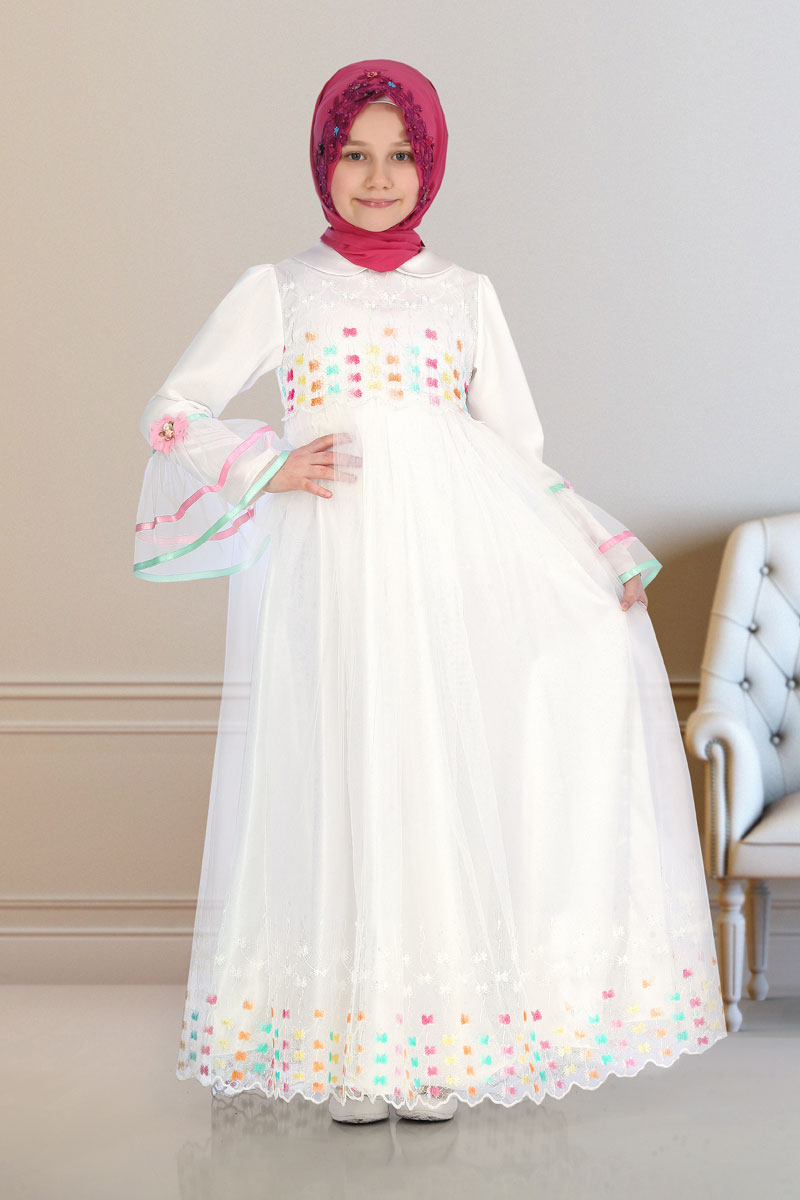 Çocuk Tesettür Abiye Gökkuşağı Model Beyaz