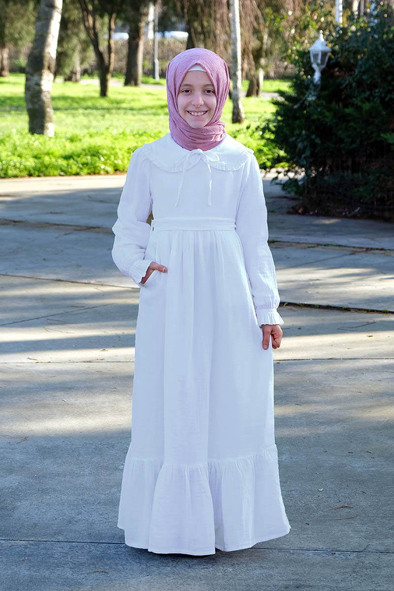 Çocuk Tesettür Elbise Ada Model Beyaz - 1