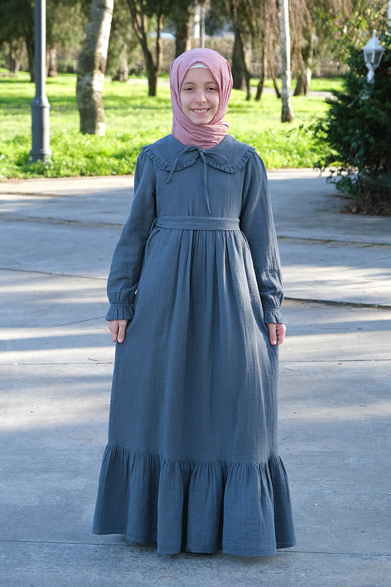 Çocuk Tesettür Elbise Ada Model Füme 