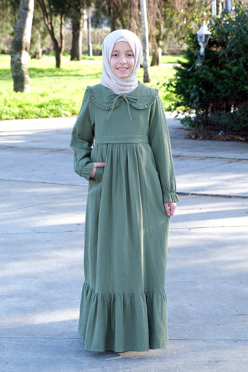 Çocuk Tesettür Elbise Ada Model Haki - 1