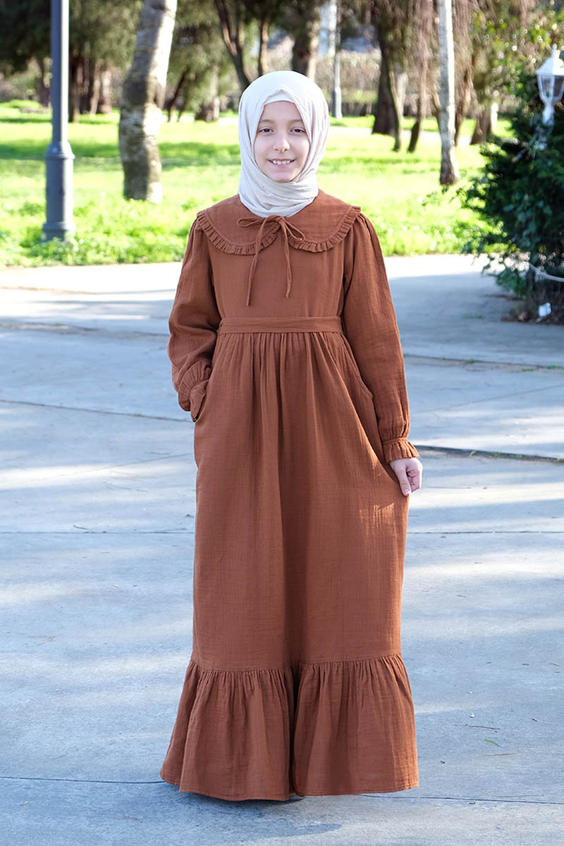 Çocuk Tesettür Elbise Ada Model Kiremit - Mevlana Çocuk Tesettür