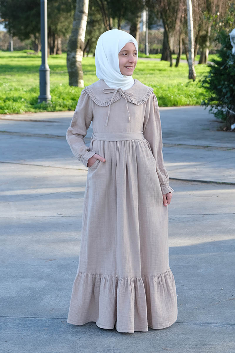 Çocuk Tesettür Elbise Ada Model Krem - Mevlana Çocuk Tesettür