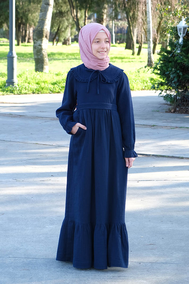 Çocuk Tesettür Elbise Ada Model Lacivert - Mevlana Çocuk Tesettür