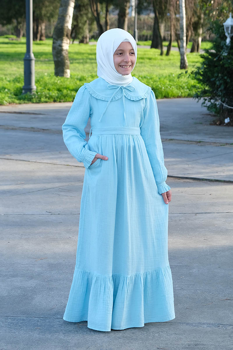 Çocuk Tesettür Elbise Ada Model Mavi - Mevlana Çocuk Tesettür