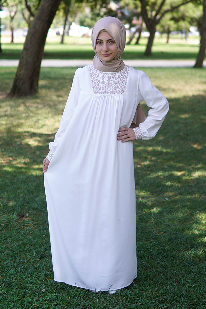 Çocuk Tesettür Elbise Alin Model Ekru 