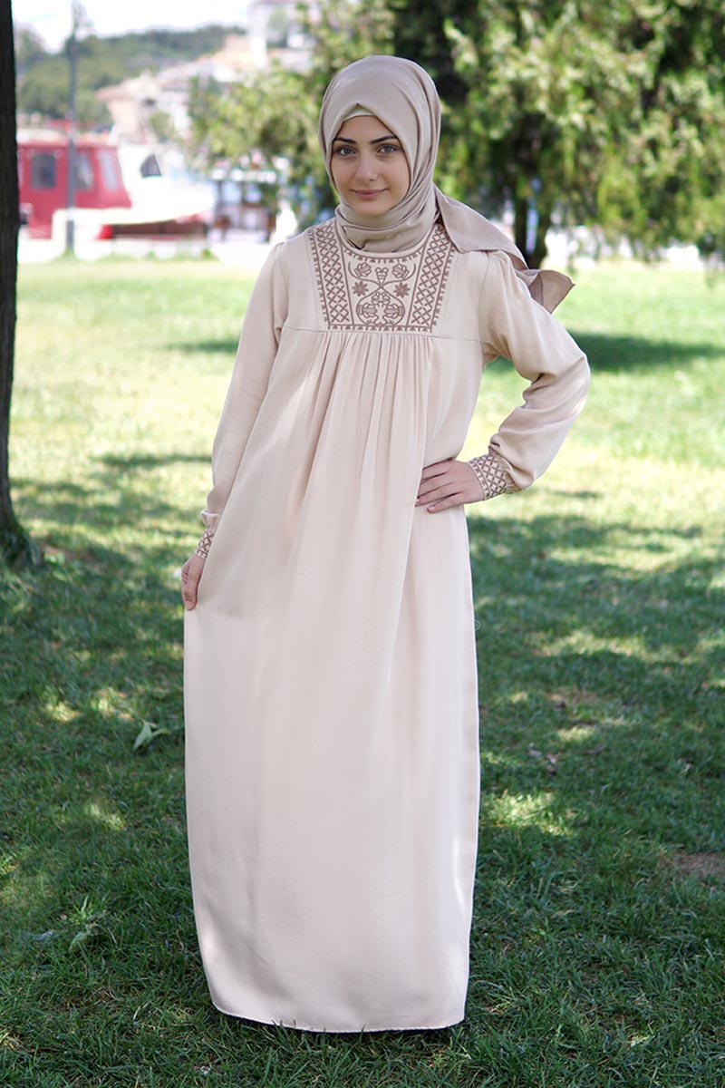 Çocuk Tesettür Elbise Alin Model Koyu Krem 