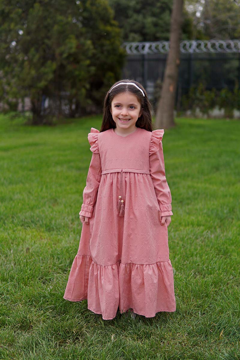 Çocuk Tesettür Elbise Almila Model Küçük Pudra 