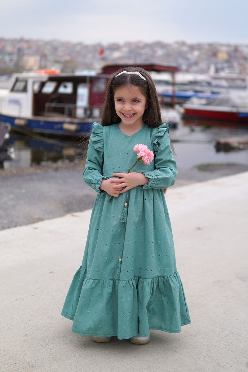 Çocuk Tesettür Elbise Almila Model Yeşil - 2