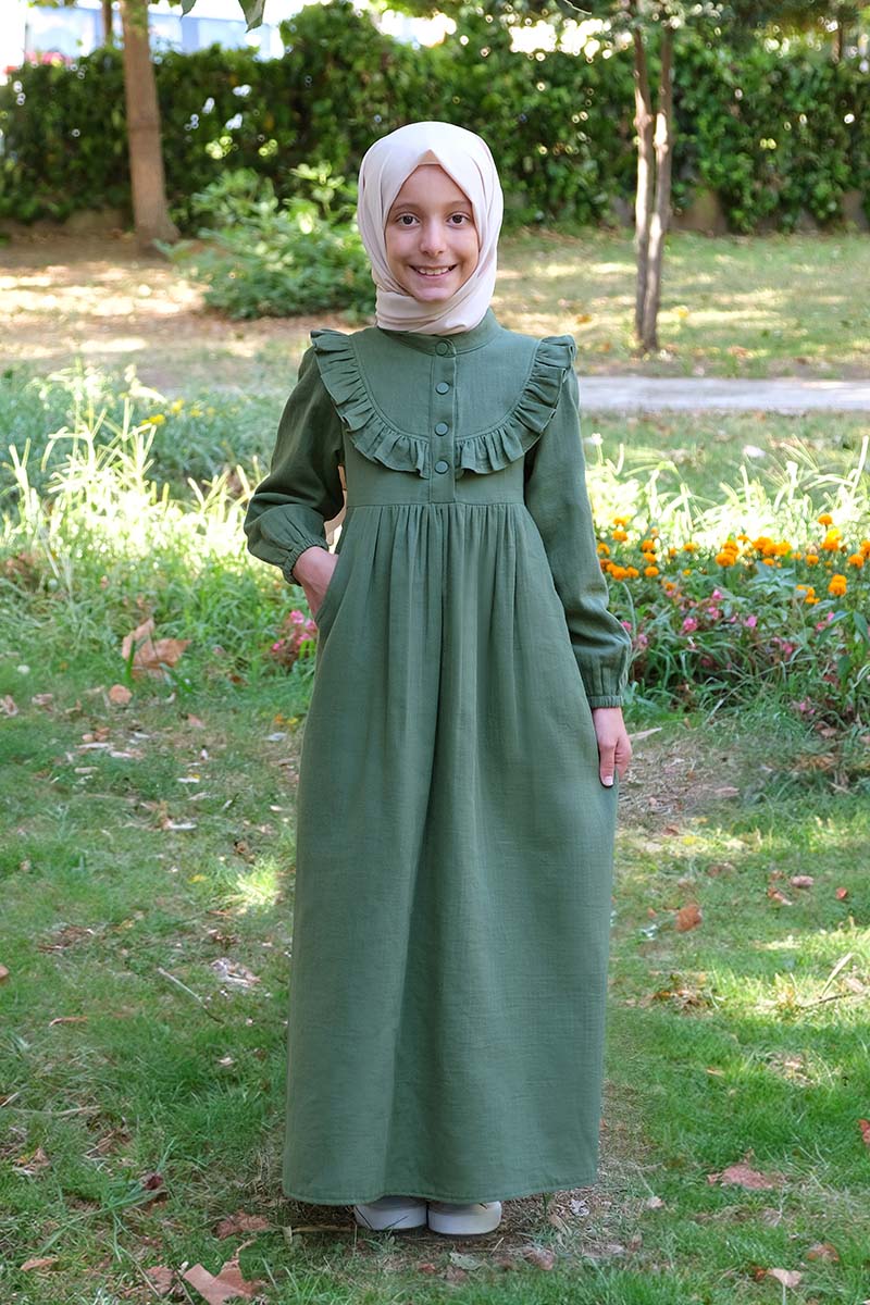 Çocuk Tesettür Elbise Alya Model Haki - 1
