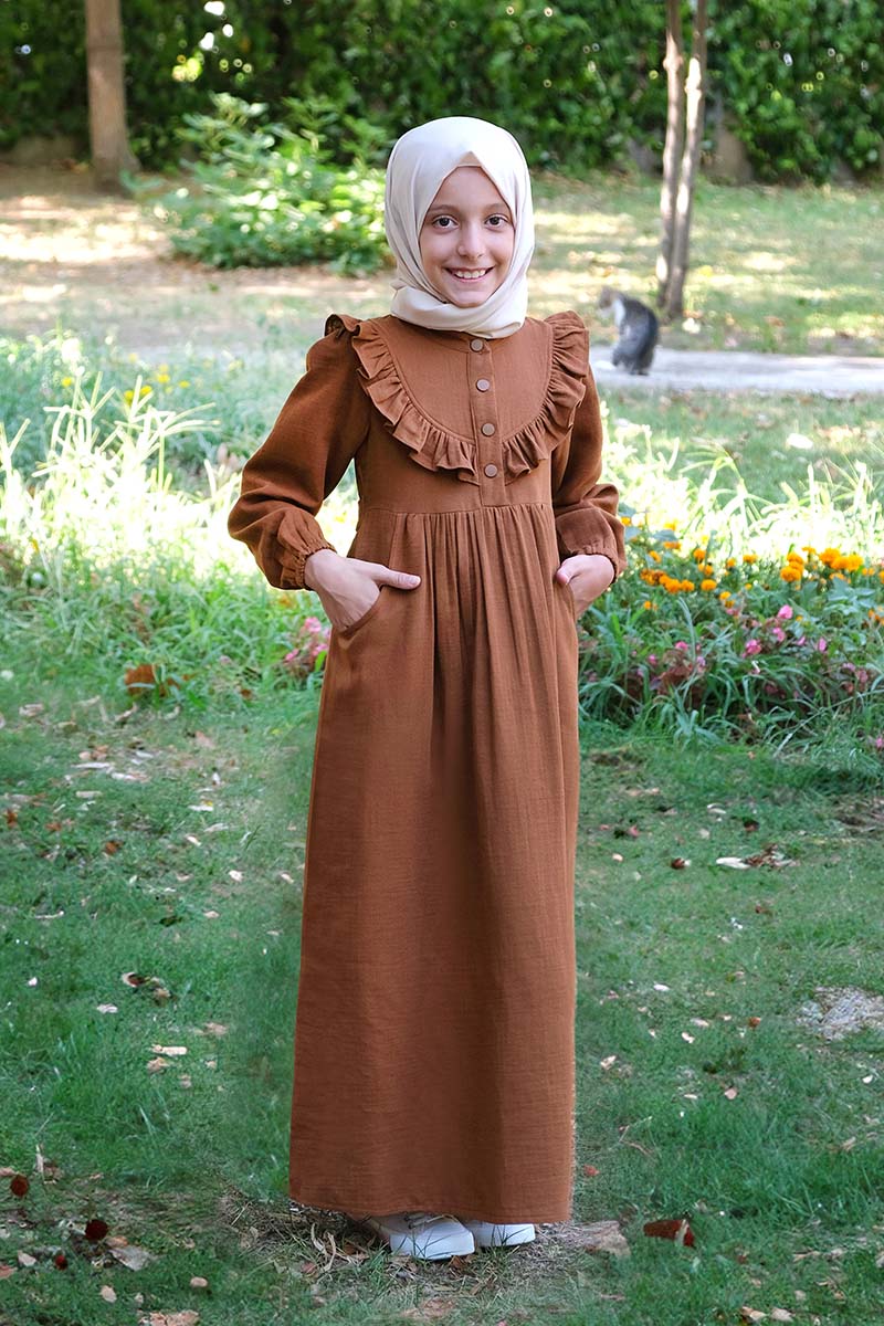 Çocuk Tesettür Elbise Alya Model Kiremit - Mevlana Çocuk Tesettür
