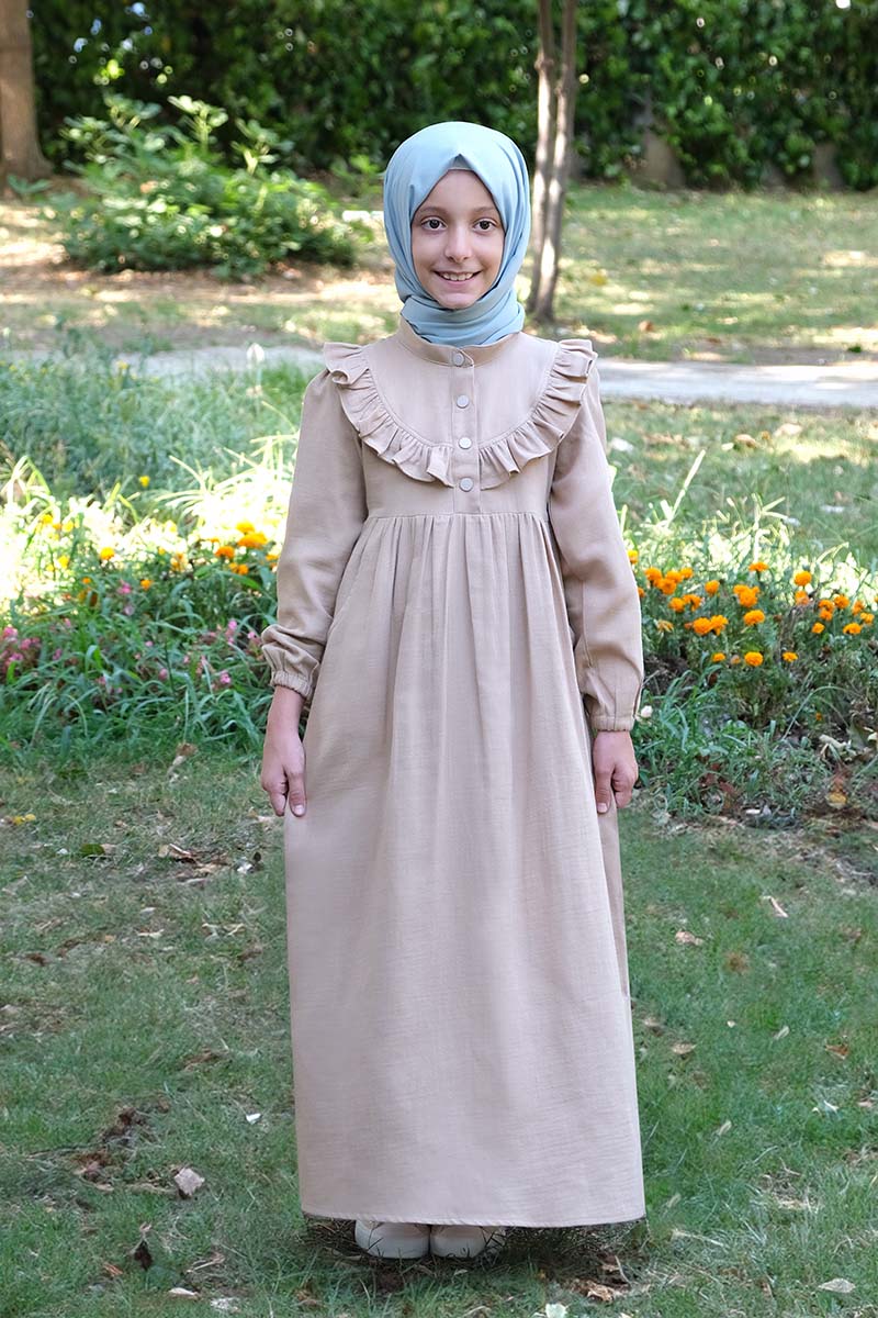 Çocuk Tesettür Elbise Alya Model Krem - 1