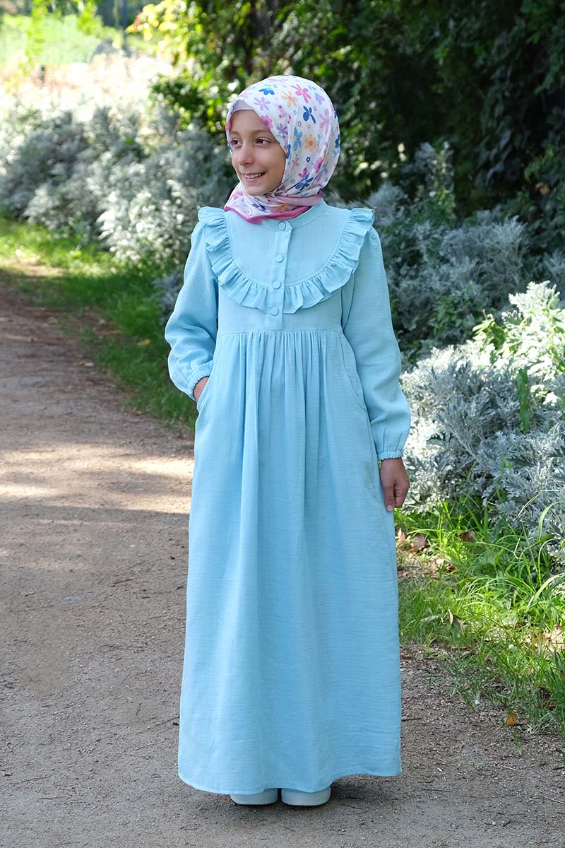 Çocuk Tesettür Elbise Alya Model Mavi - 1