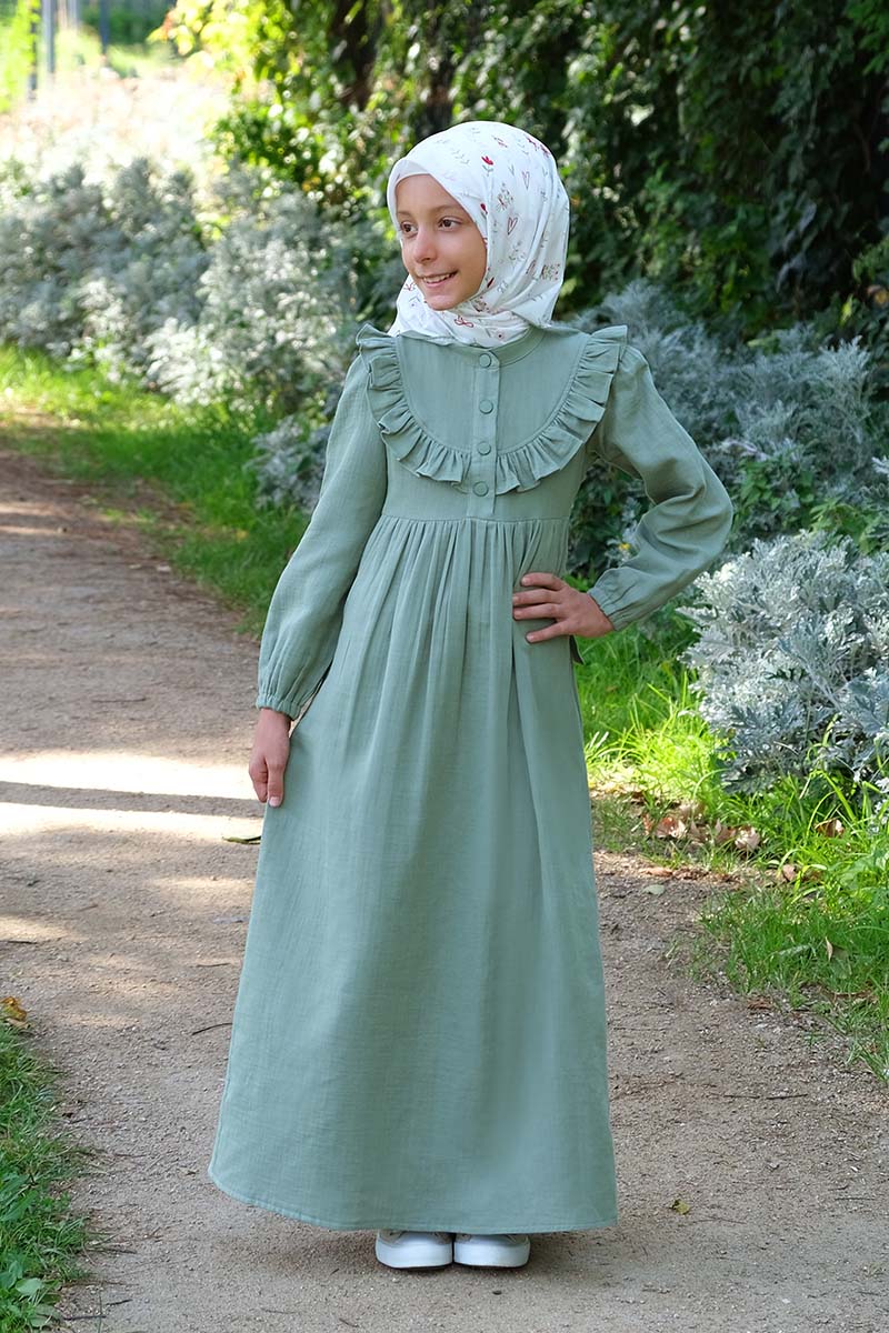 Çocuk Tesettür Elbise Alya Model Yeşil - 1