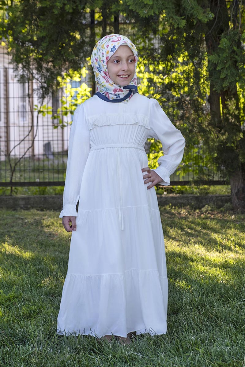 Çocuk Tesettür Elbise Ayça Model Beyaz 