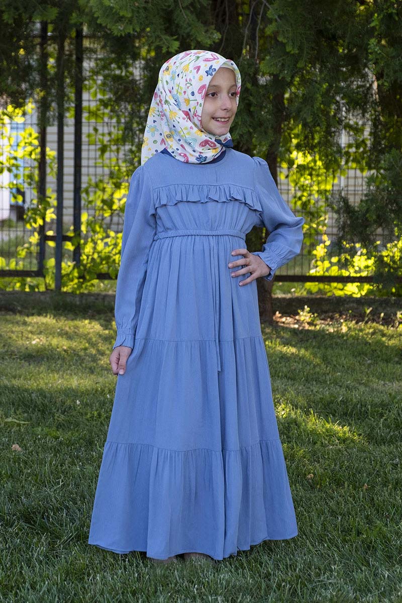 Çocuk Tesettür Elbise Ayça Model Mavi 