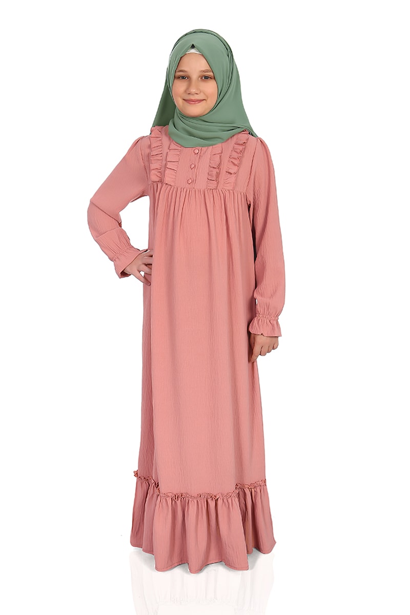 Çocuk Tesettür Elbise Aysima Model Pudra 