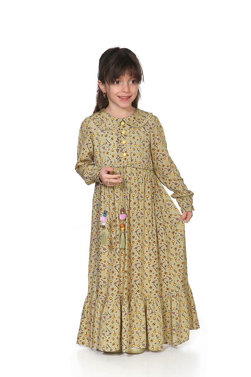 Çocuk Tesettür Elbise Berfu Model Sarı - 1