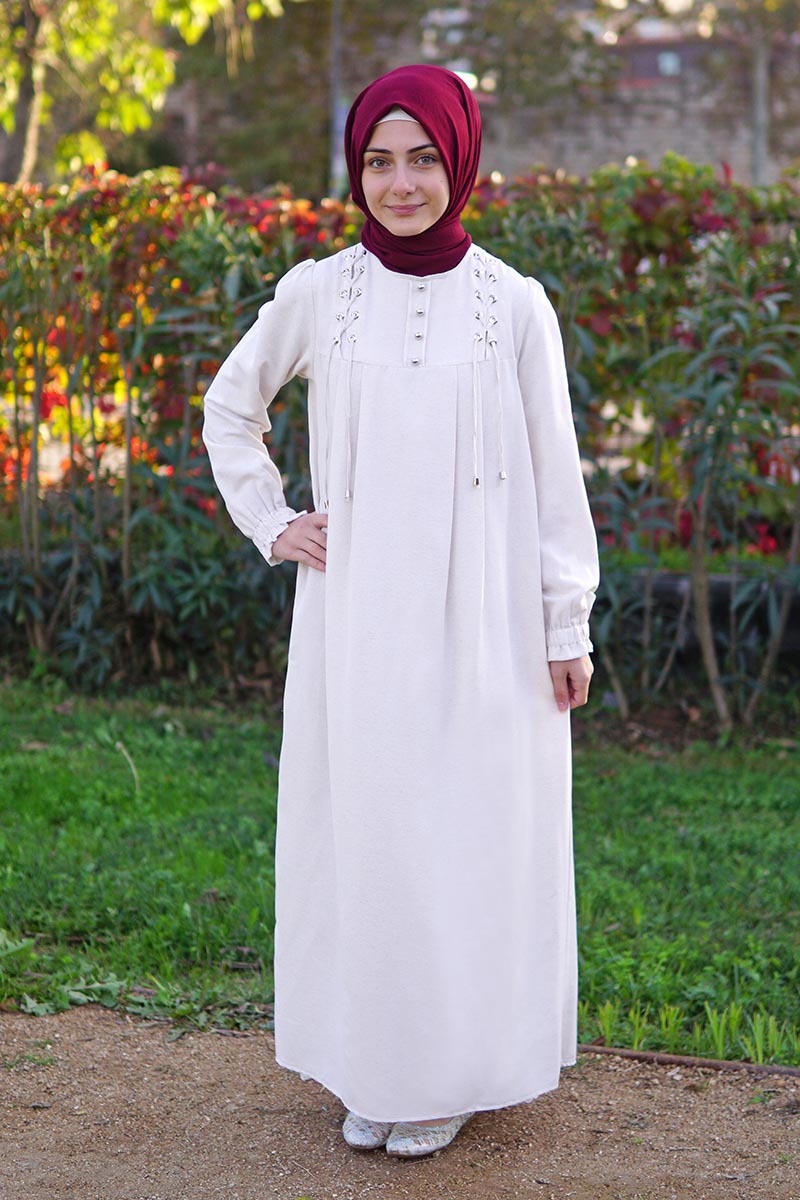 Çocuk Tesettür Elbise Beril Model Beyaz 