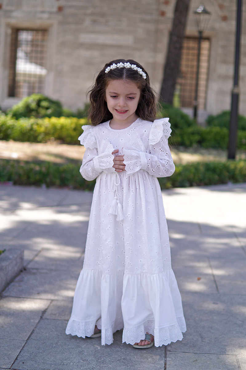 Çocuk Tesettür Elbise Beyaz Model