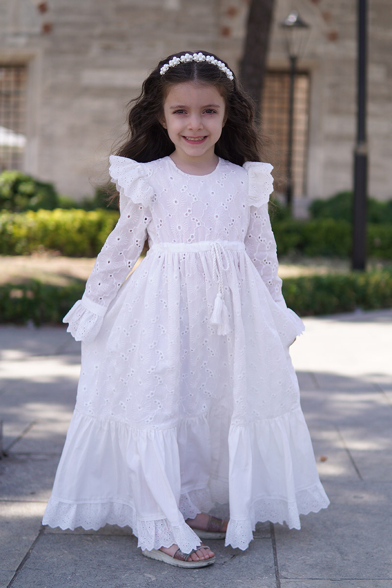 Çocuk Tesettür Elbise Beyaz Model - 3