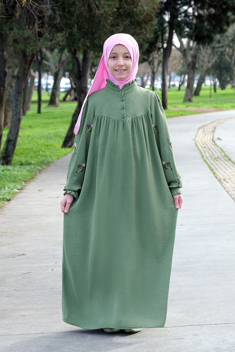 Çocuk Tesettür Elbise Beyza Model Yeşil - Mevlana Çocuk Tesettür