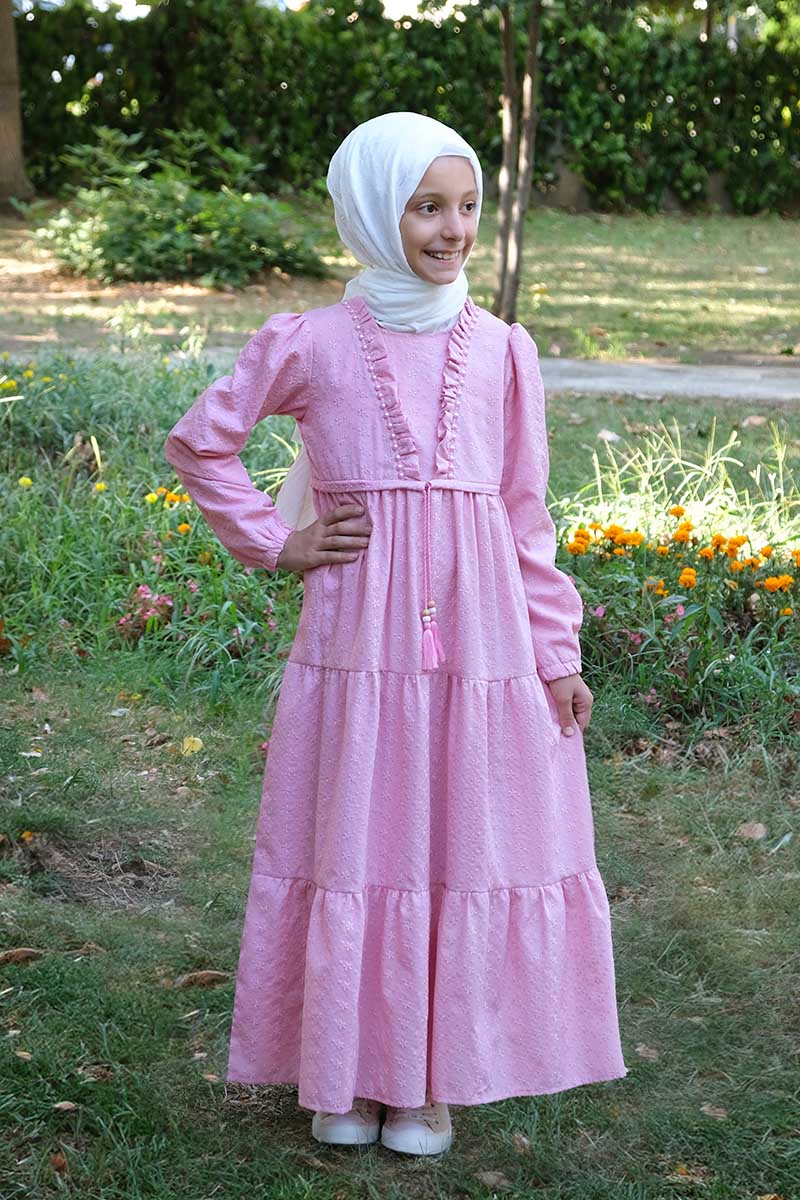 Çocuk Tesettür Elbise Biricik Model Pudra - Mevlana Çocuk Tesettür