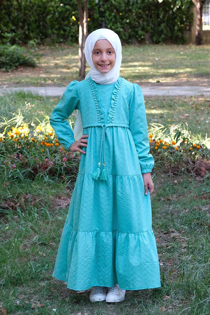 Çocuk Tesettür Elbise Biricik Model Su Yeşil - Mevlana Çocuk Tesettür